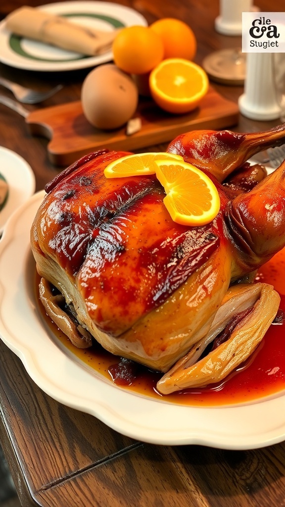 Roasted Duck with Orange Sauce Recipe Roasted duck with crispy skin and orange sauce, garnished with orange slices on a rustic table.